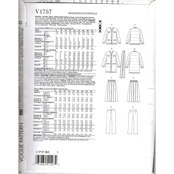 Vogue V1757 Misses 16 to 24 Jacket, Pants and Skirt Uncut Sewing Pattern - Picture 2 of 2